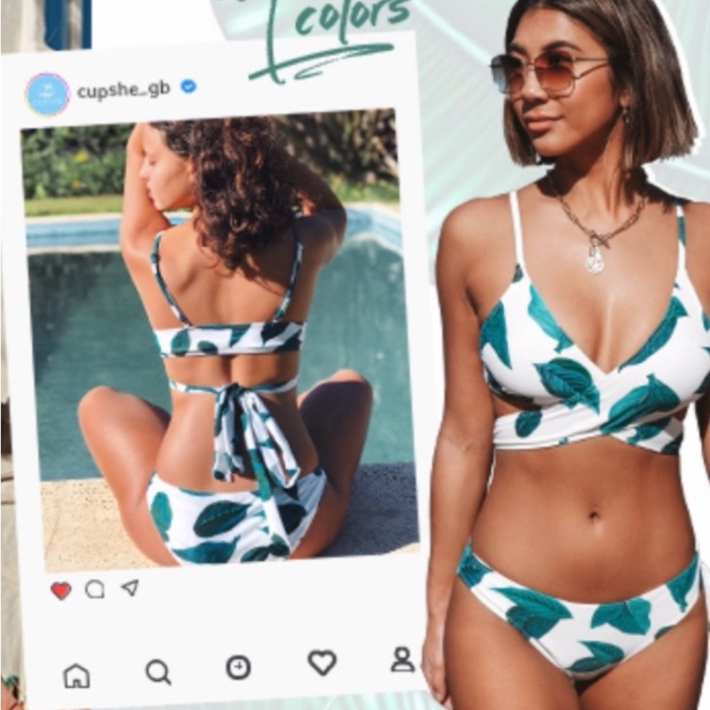 Cupshe Leaf Print Bikini Set - Green and White Medium